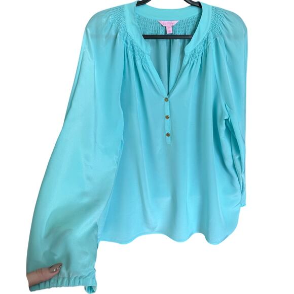 Lilly Pulitzer Elsa Silk Top Blouse Long Sleeve Smocked Neck Bali Blue Size XL - Picture 4 of 14